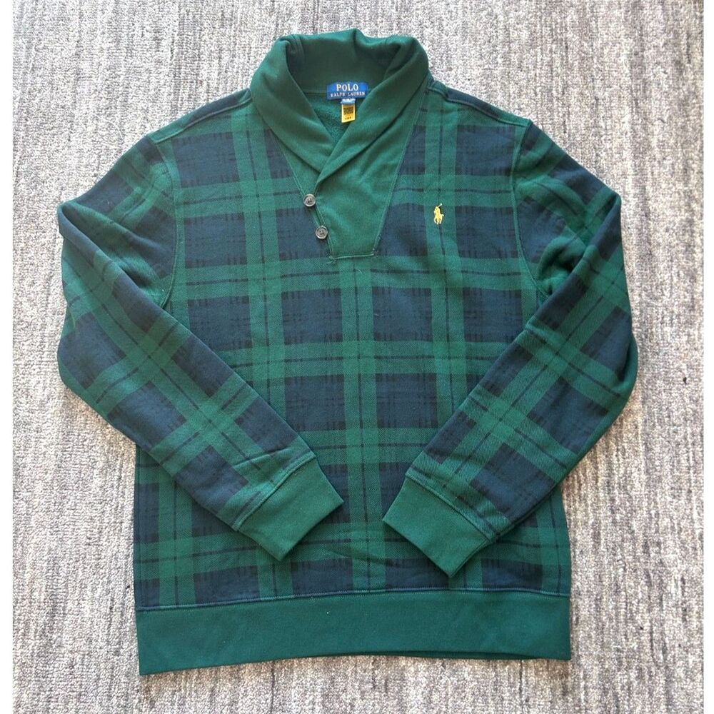 Polo Ralph Lauren Boy's Long Sleeve Shawl Neck Plaid Sweatshirt Sweater w/ Pony